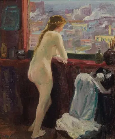 Desnudo en la ventana sobre Greenwich Village Ca. 1913