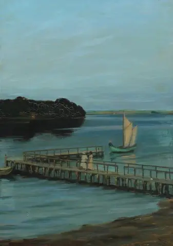 木码头上两个女人的海边夜景