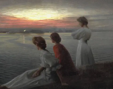 仲夏夜。三名年轻女子享受温暖的夏夜，约 1908 年