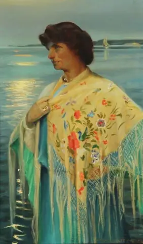 艺术家妻子艾格尼丝·斯洛特·莫勒 (Agnes Slott-moller) 在海边日落时的肖像