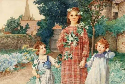 Três irmãs em um jardim murado
