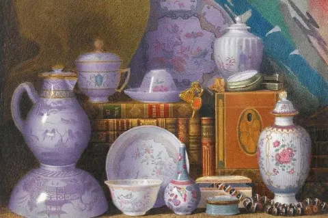 Uma natureza morta de porcelana e livros chineses, 1877