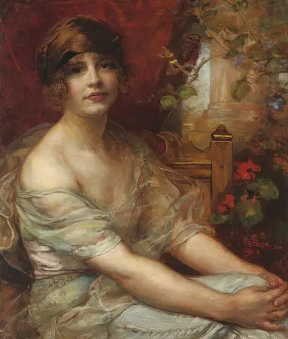 Winifred Ianthe Claytonin muotokuva 1895-1975 istuu puolipitkänä sinisessä mekossa 1913
