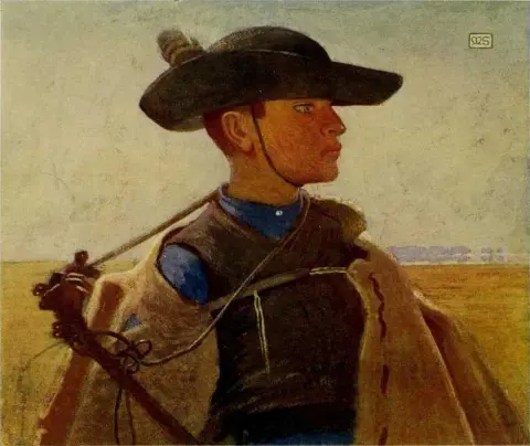 年轻的马扎尔·西科斯 (Magyar Csikos) 在霍尔托巴吉 (Hortobagy) 的伟大普兹塔 (Puszta) 上拍摄，约 1909 年