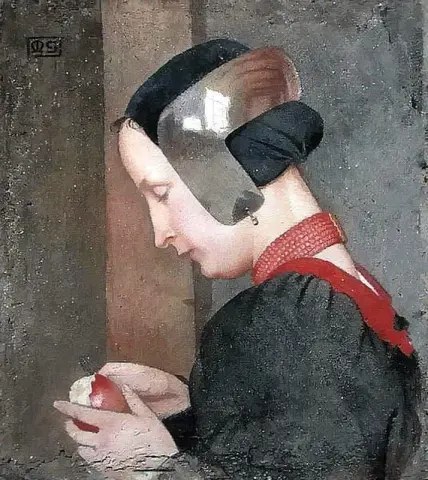 一位女士削苹果的肖像