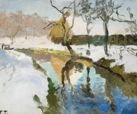 Vinterlandskap Med Gardsmiljo Vid Vattendrag