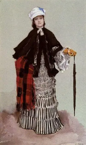一位穿着黑白连衣裙的女士，约 1873 年