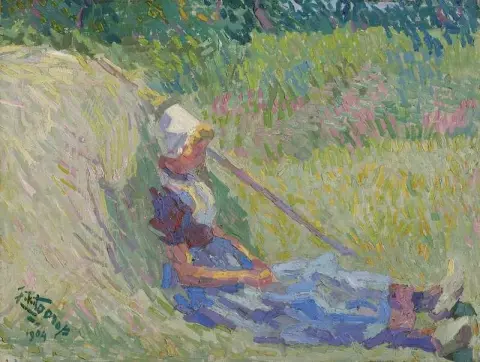 Flicka vilar mot en höstack 1904
