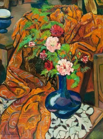 有窗帘和花束的静物 1924