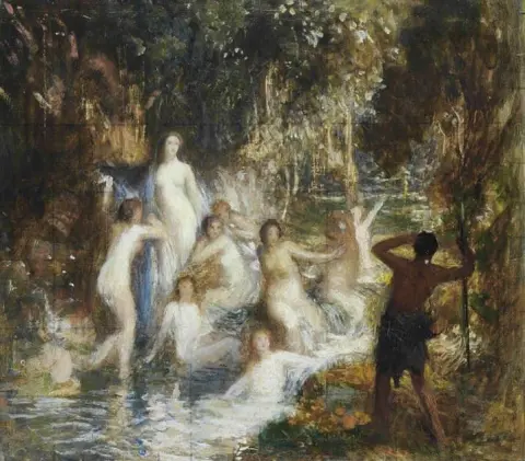 Allegorische figuren in een stroom