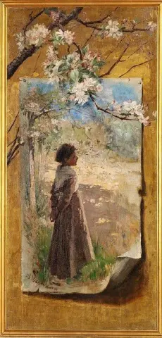 Trompe L Oeil 的一幅画在金色的墙上，一个年轻的女孩在苹果树盛开的树枝下