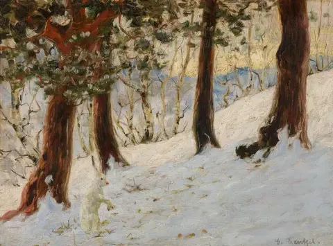 Paisaje invernal con una liebre sentada