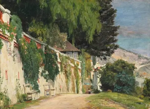 Een Zuid-Europees berglandschap met rozen langs een tuinmuur, 1910