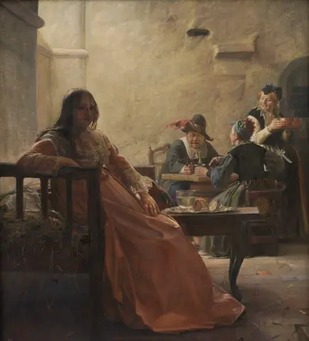 利奥诺拉·克里斯蒂娜 (Leonora Christina) 在监狱或宫殿中与妇女们一起在布拉塔恩 (Blaataarn) 新入狱的国王女儿密室中