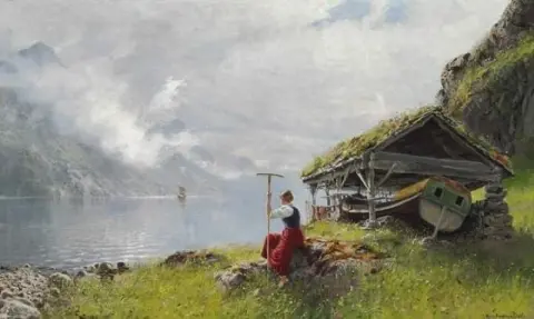 《挪威风景与年轻女子眺望峡湾-1890》