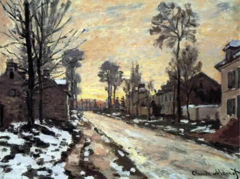 路到 Louveciennes 融化的雪儿童日落