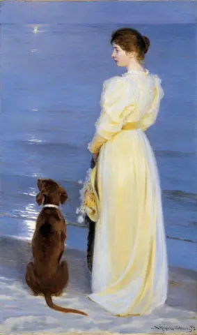 Peder Severin Kroyer 《Skagen 的夏日之夜》 - 海边艺术家的妻子和狗 - 1892