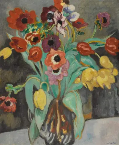 Anemonen en tulpen in een blauwe vaas, ca. 1912