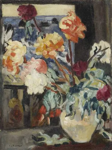窗前的牡丹花瓶，约 1916 年