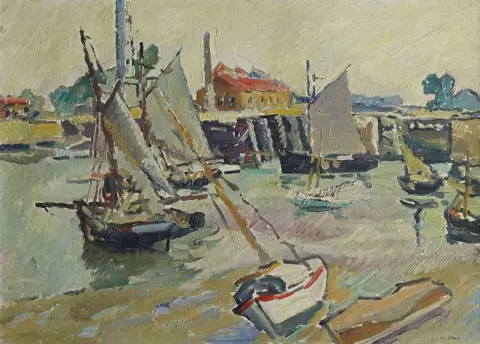 帆船在潮汐港口 Basse Ouistreham 加利福尼亚州 1927 年