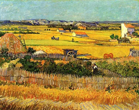 拉克罗 (La Crau) 的丰收，背景是蒙马儒 (Montmajour)
