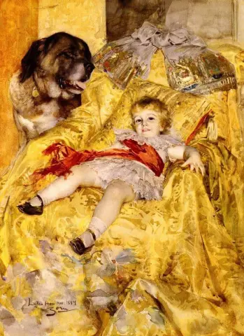 Ett porträtt av Christian De Falbe med en Sankt Bernard vid Luton Hoo 1884