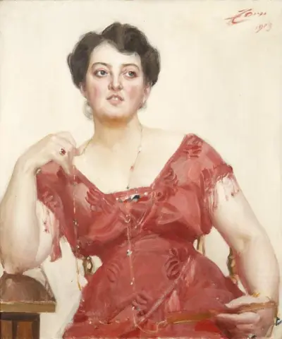 Элегантная дама в блестящем кремово-красном шелковом платье — Mrs. Дэгни Пинеус